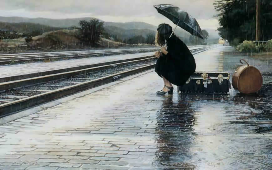 雨天等火车女孩插画高清壁纸图片 1440x900