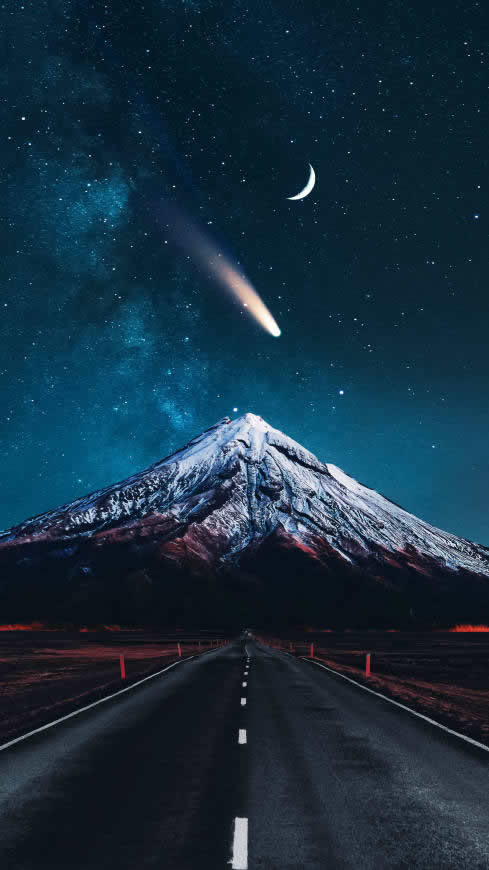 星空 月亮 公路 雪山高清壁纸图片 2160x3840