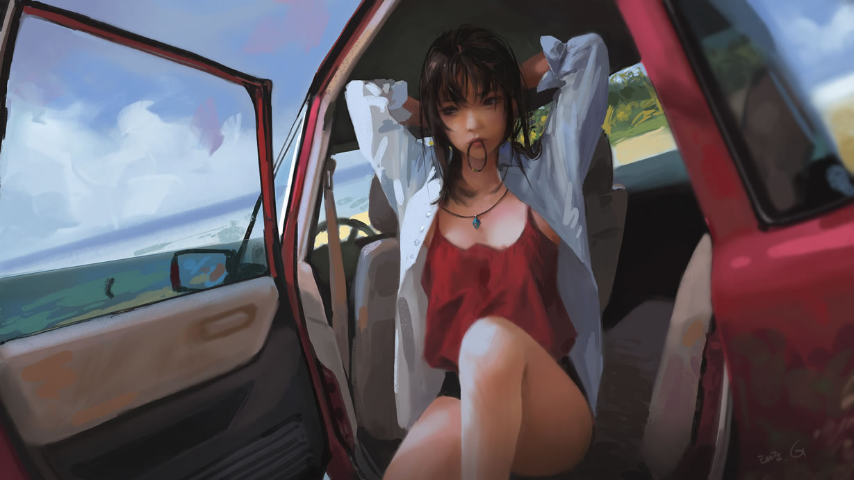 夏天 少女 绑辫子 汽车4k.jpg