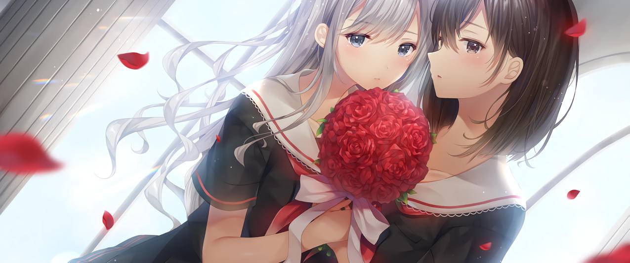 红色百合花,女孩相爱,唯美好看3440x1440动漫壁纸