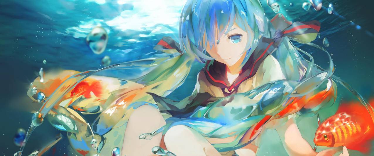 初音未来VOCALOID,水下,金鱼,3440x1440唯美壁纸