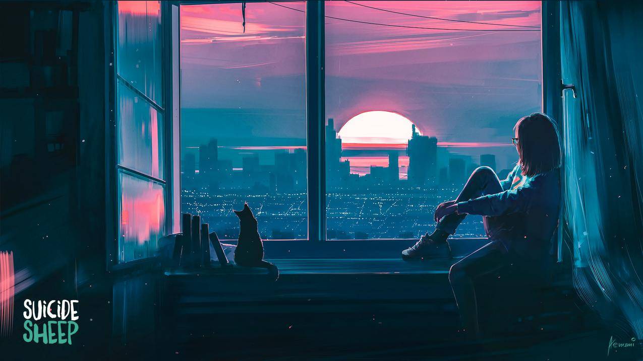 窗台,日落,女孩,e,书本,alena,aenami,4k壁纸