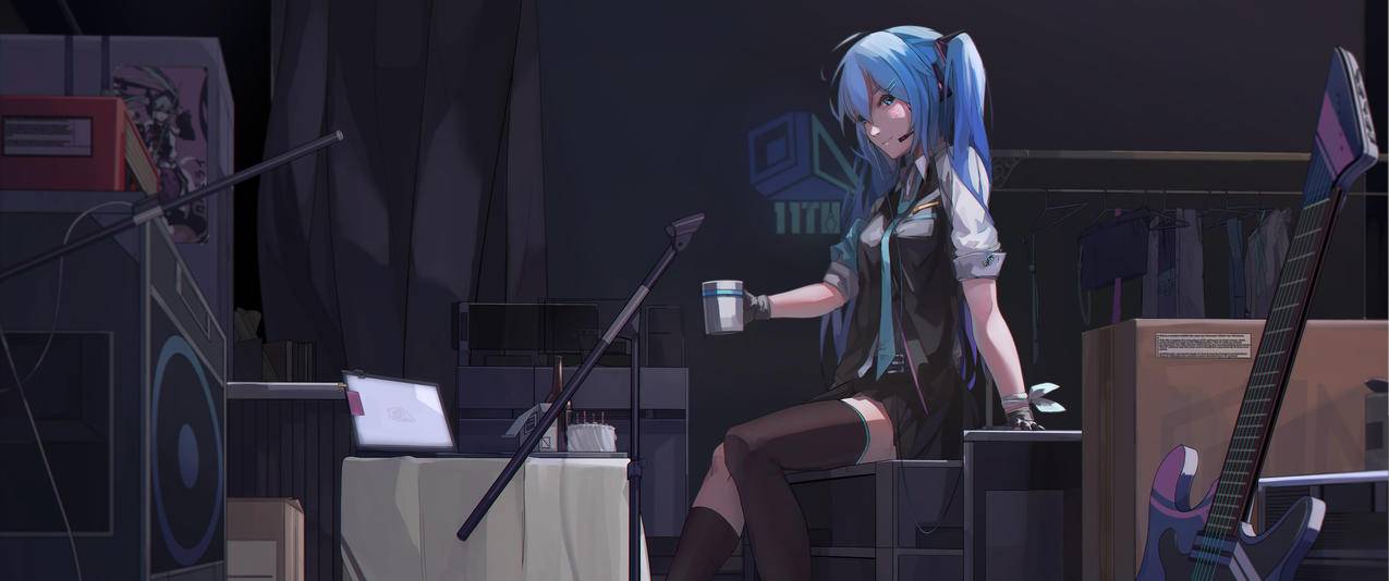 初音未来miku耳机,吉他,3440x1440动漫壁纸